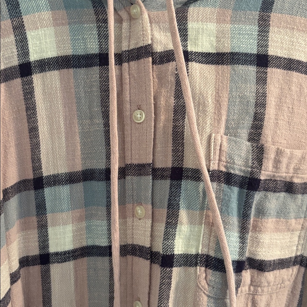American Eagle Outfitters  Dusty Pink and Blue flannel hoodie top - Picture 2 of 5